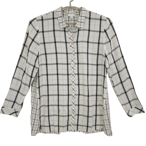 J Jill Top Tunic Women Ivory Large Long Sleeve Button Up Plaid Buttons Collared - Picture 1 of 15